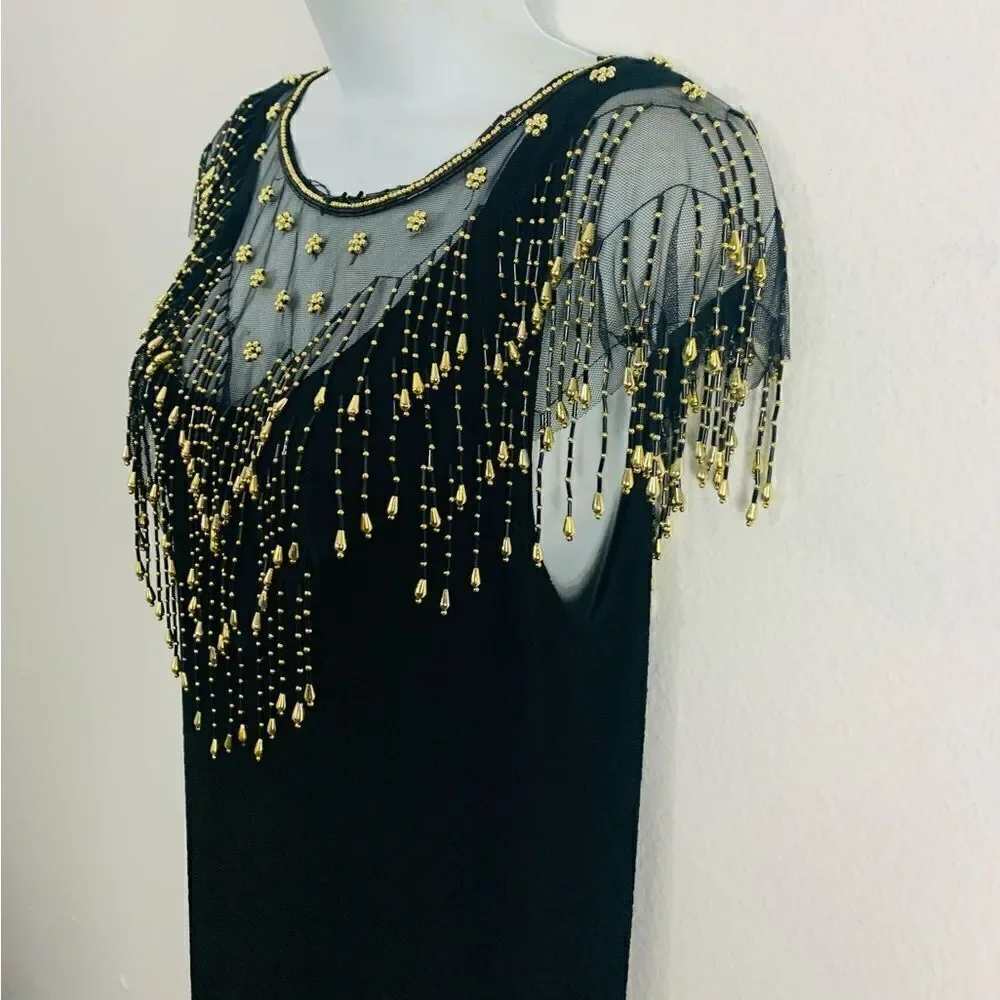 Vintage Black Christmas New Years Festive Dress w/ Gold Sheer Beaded Overlay - Picture 2 of 14